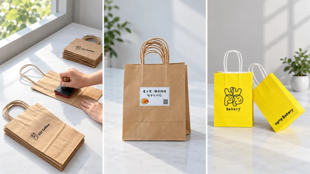 Three views of hand stamping a kraft bag, labelled kraft bags and yellow printed bakery bags