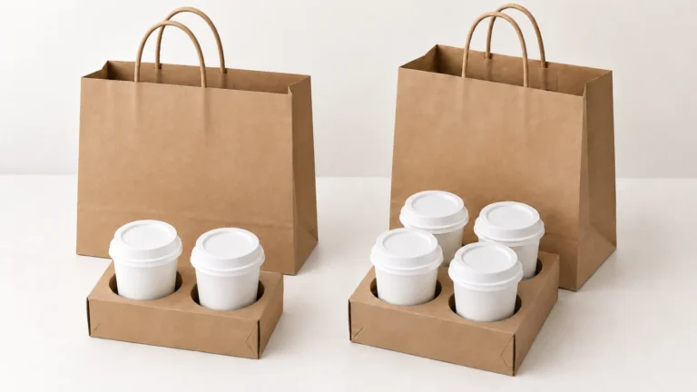 Illustration of two kraft paper bags beside separate carriers holding two and four white lidded cups.