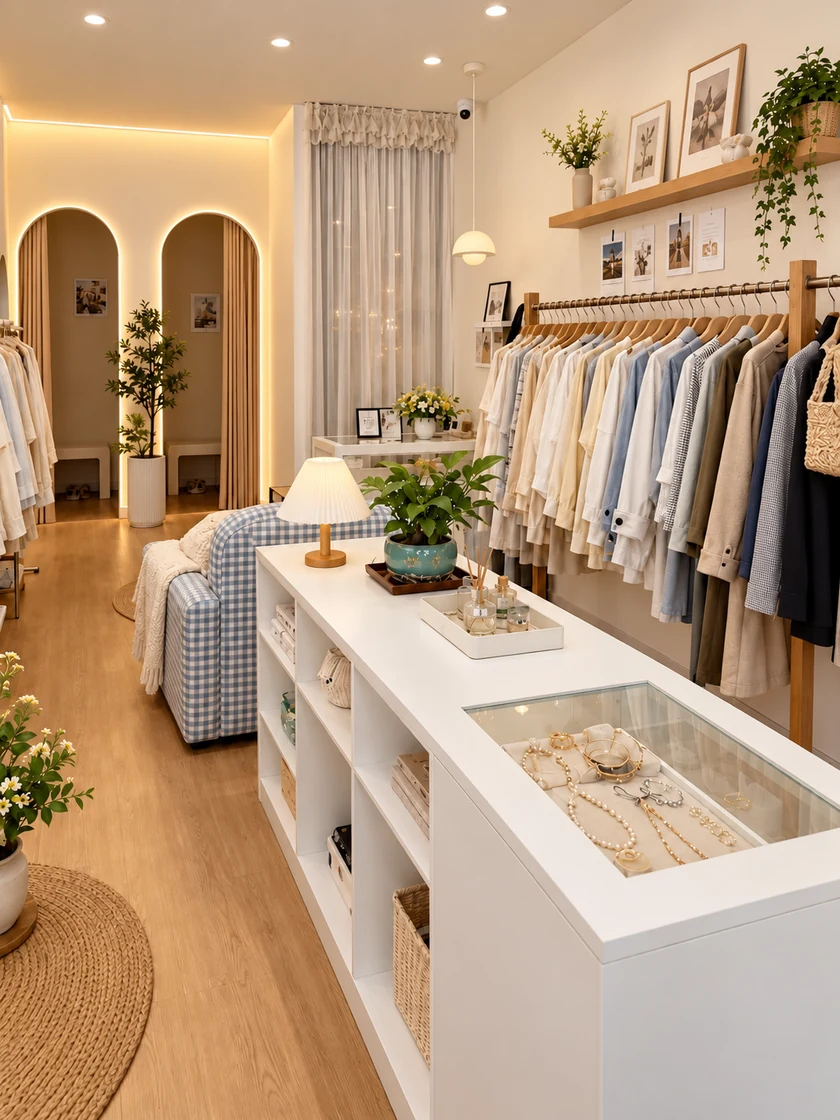 Warm neutral clothing boutique with wooden rails, pale garments and a light display counter