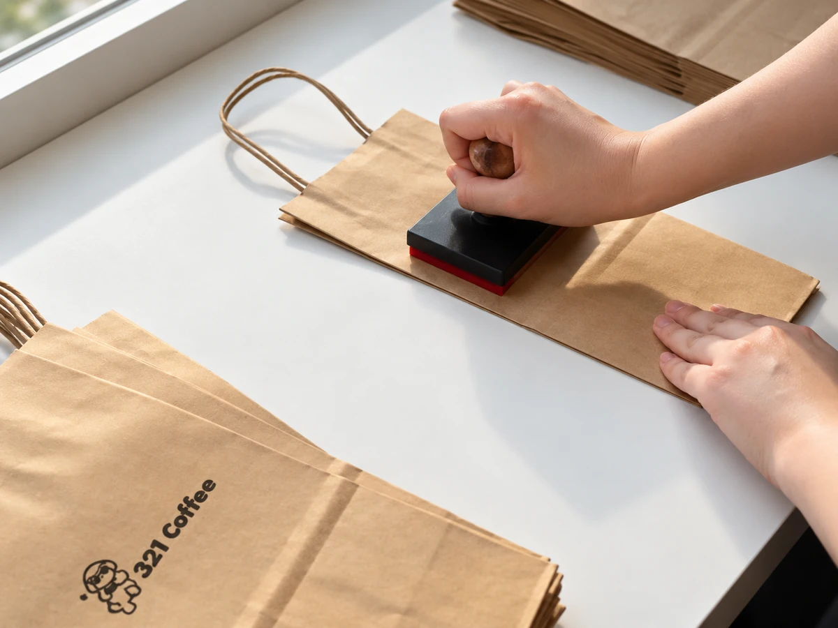 Hands pressing a rubber stamp onto a flat kraft paper bag beside previously stamped bags