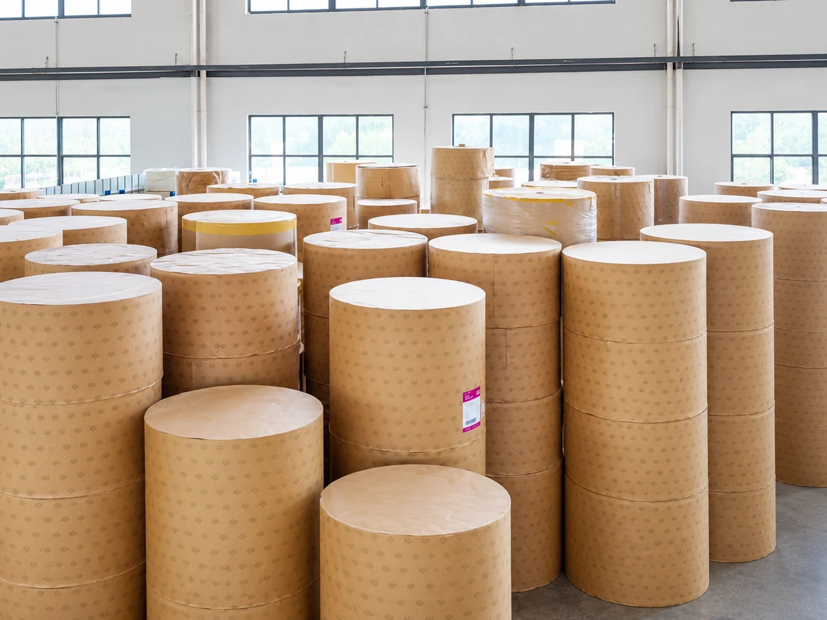 Large wrapped paper reels stored upright in a bright production materials area