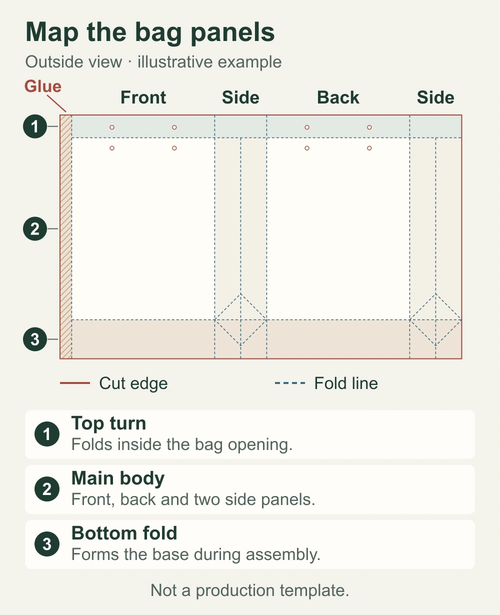 Outside-view diagram showing glue flap, front, side, back and side panels, with top turn, body and bottom fold