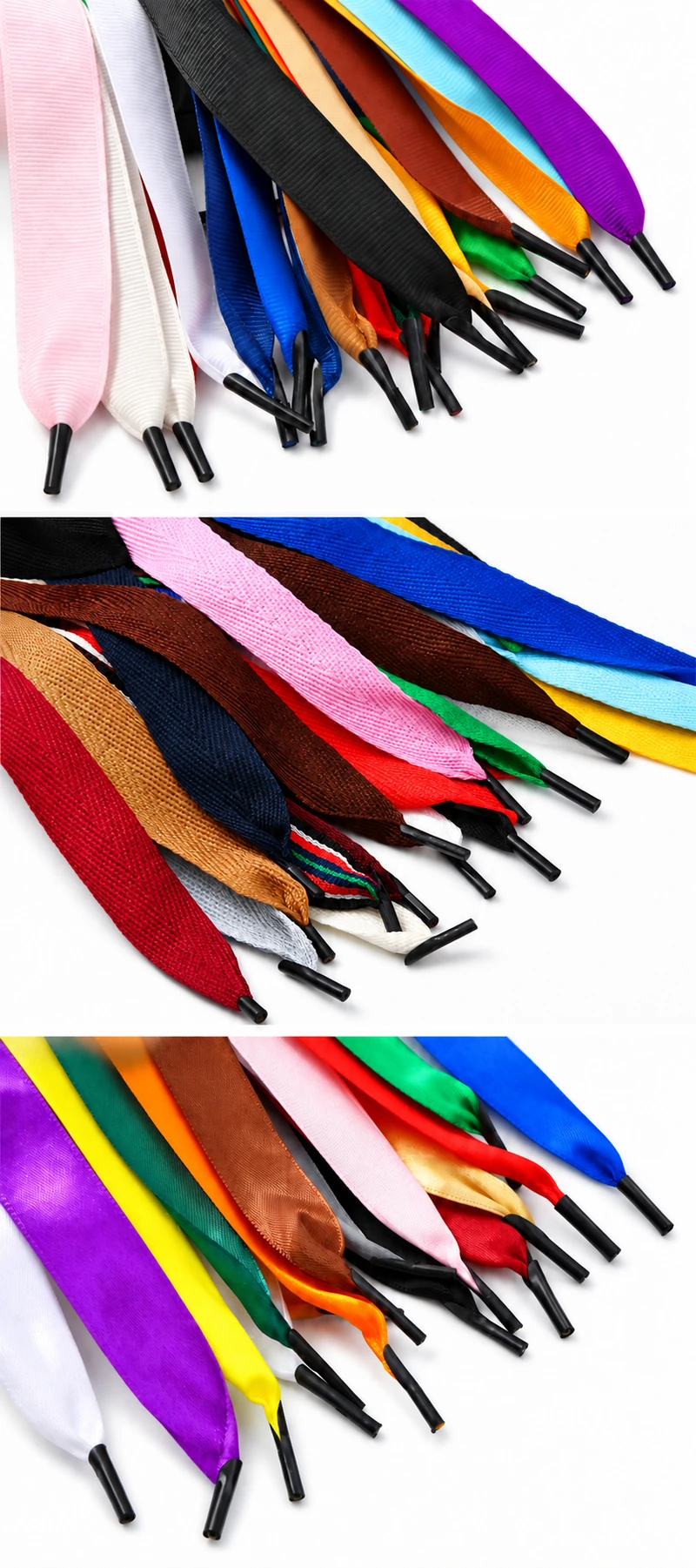 Three stacked photographs compare ribbed grosgrain, woven herringbone and smooth satin ribbon handle samples in assorted colours.
