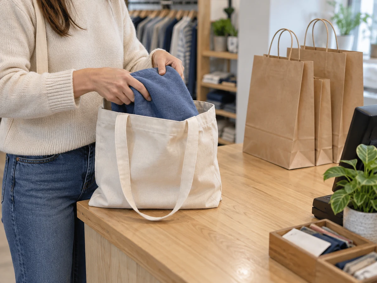 Customer packing a blue garment into a canvas tote beside unused paper bags at a shop counter