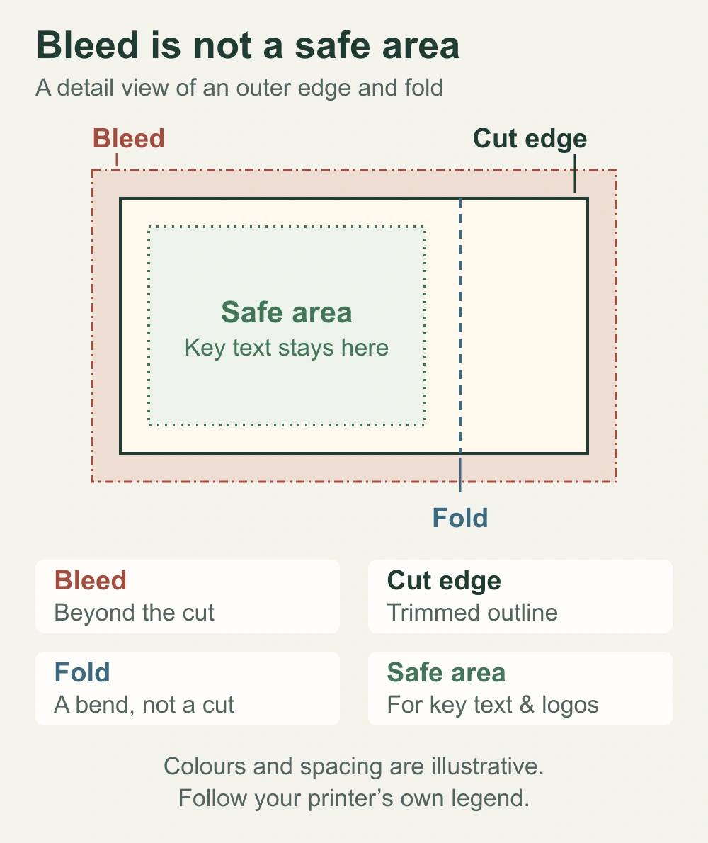 Illustrative detail showing artwork bleed outside the cut edge, an internal fold and a safe area for key text
