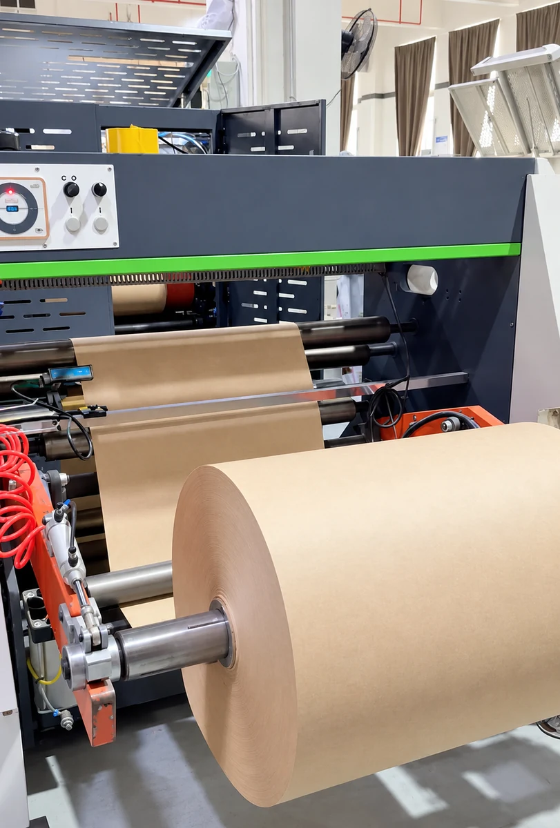 A kraft paper roll mounted on equipment with paper feeding between rollers