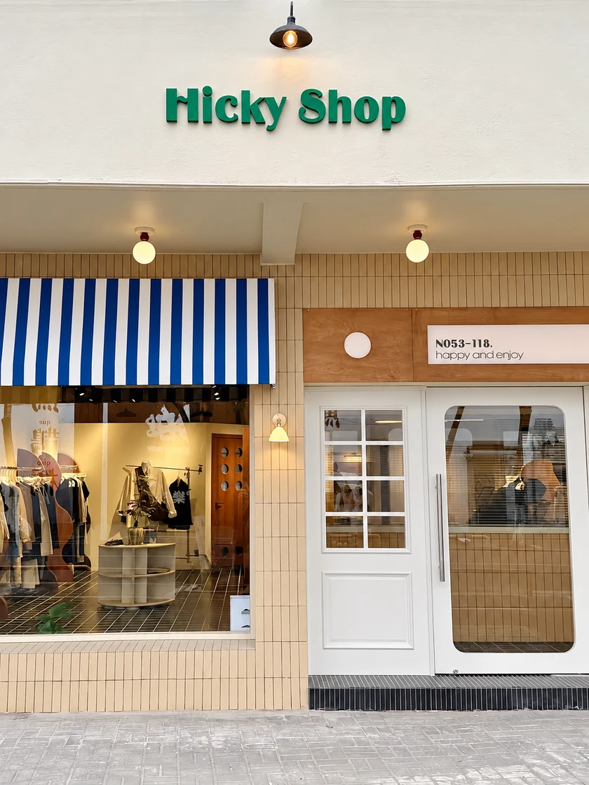 Hicky Shop storefront with a green store name, blue-and-white striped awning and white entrance