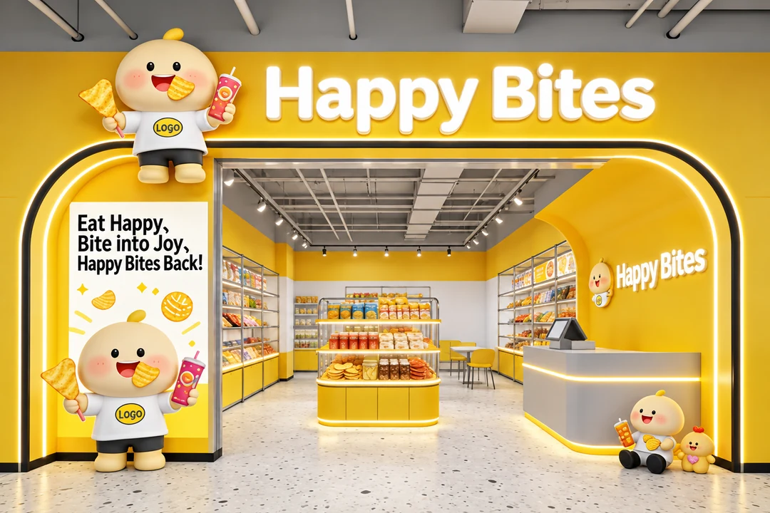 Happy Bites retail design reference with a yellow entrance, illuminated name, mascot displays and coordinated interior