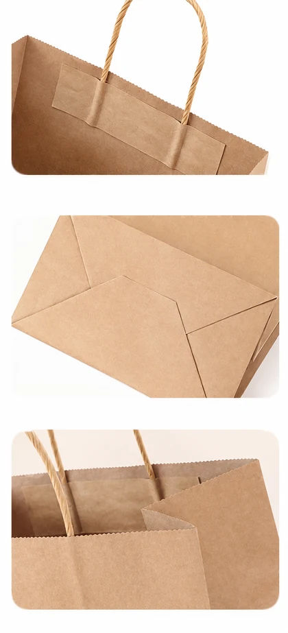 Three close-up views show an internal handle attachment patch, the folded outside base and an opened side gusset of a brown bag.