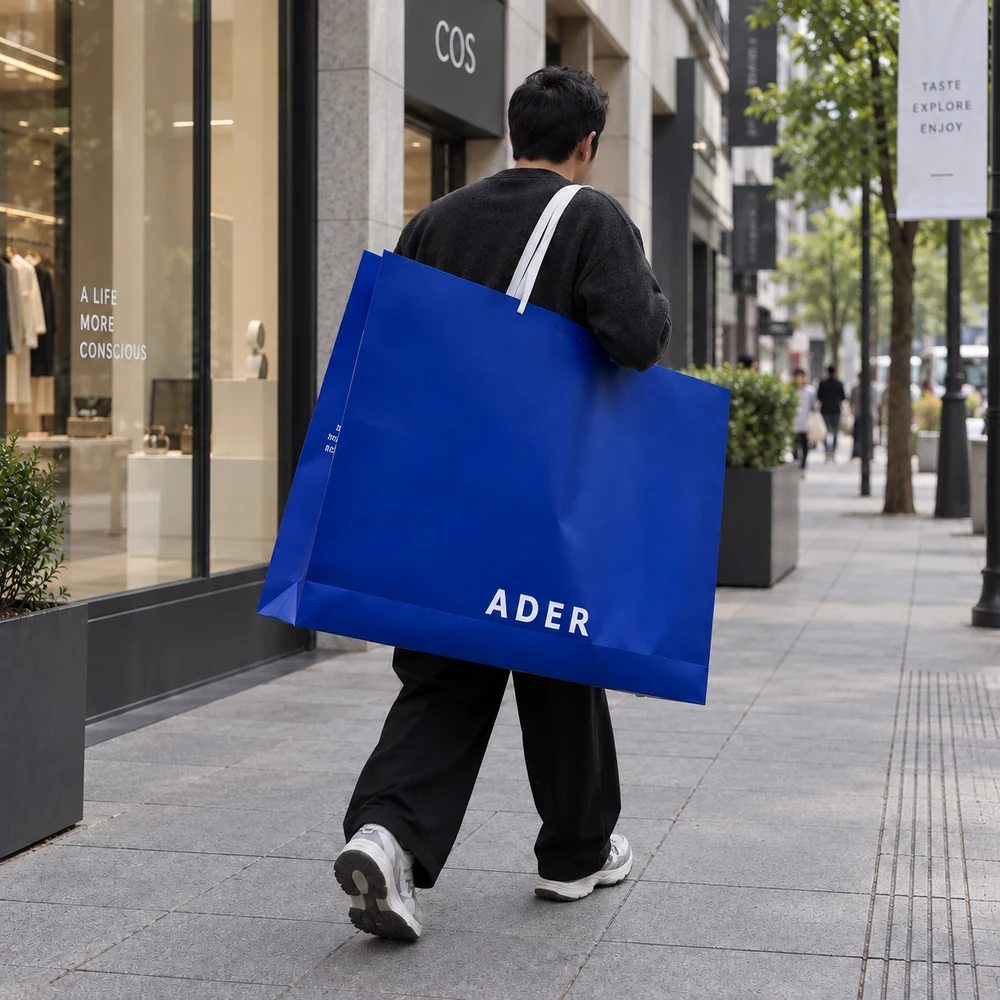 A person carries a large blue paper bag over one shoulder, with white flat handles and a white wordmark near the bottom.