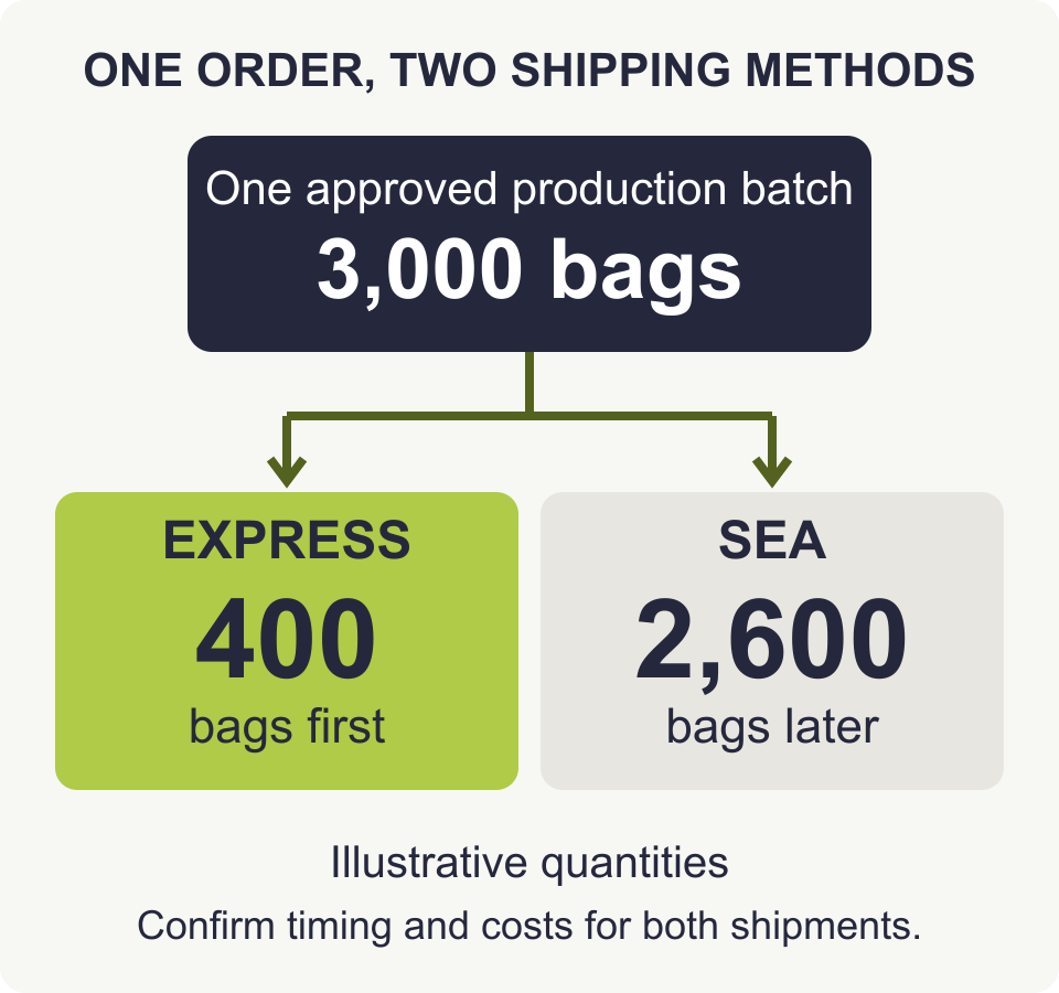 Illustrative 3,000-bag production order split into 400 bags by express and 2,600 bags by sea.