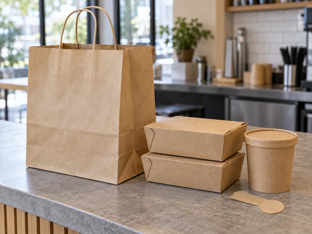 Plain kraft paper carrier beside two closed food containers and a lidded cup on a takeaway counter