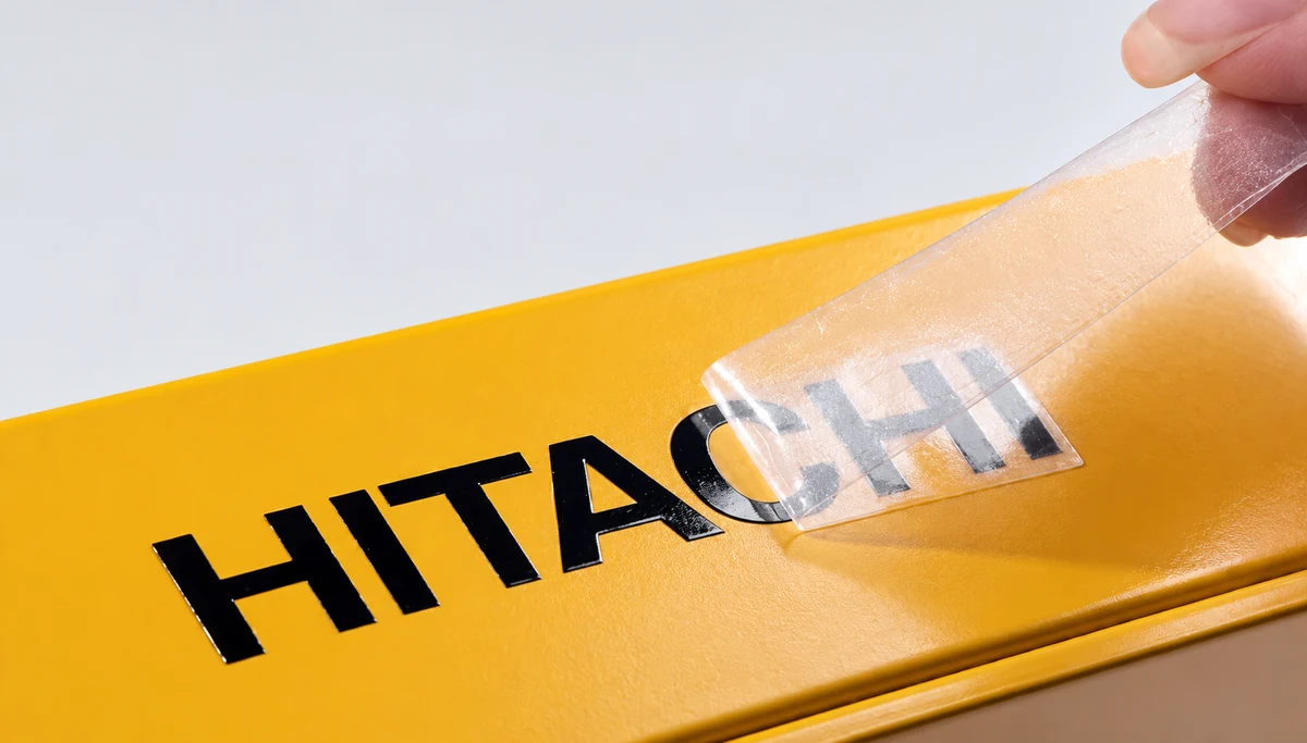 Fingers peeling clear carrier film away from black HITACHI lettering on a yellow box