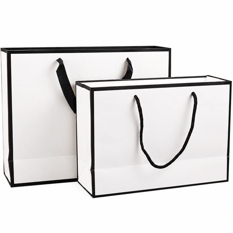 Two unbranded white paper bags with black frames: a taller bag with flat handles behind a wider bag with round cord handles.