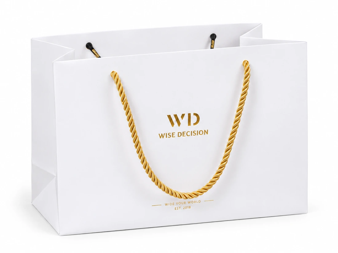 White paper bag with gold-colored cord handles and a centered gold-colored logo