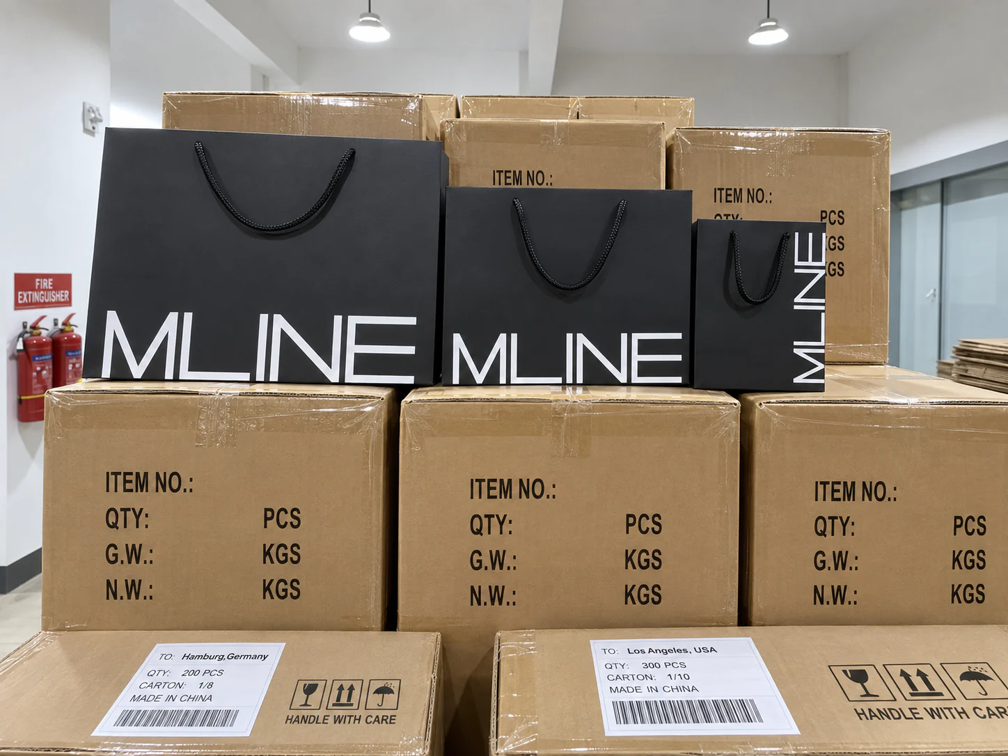 Custom paper bags grouped with shipping cartons for different quantities and destinations.