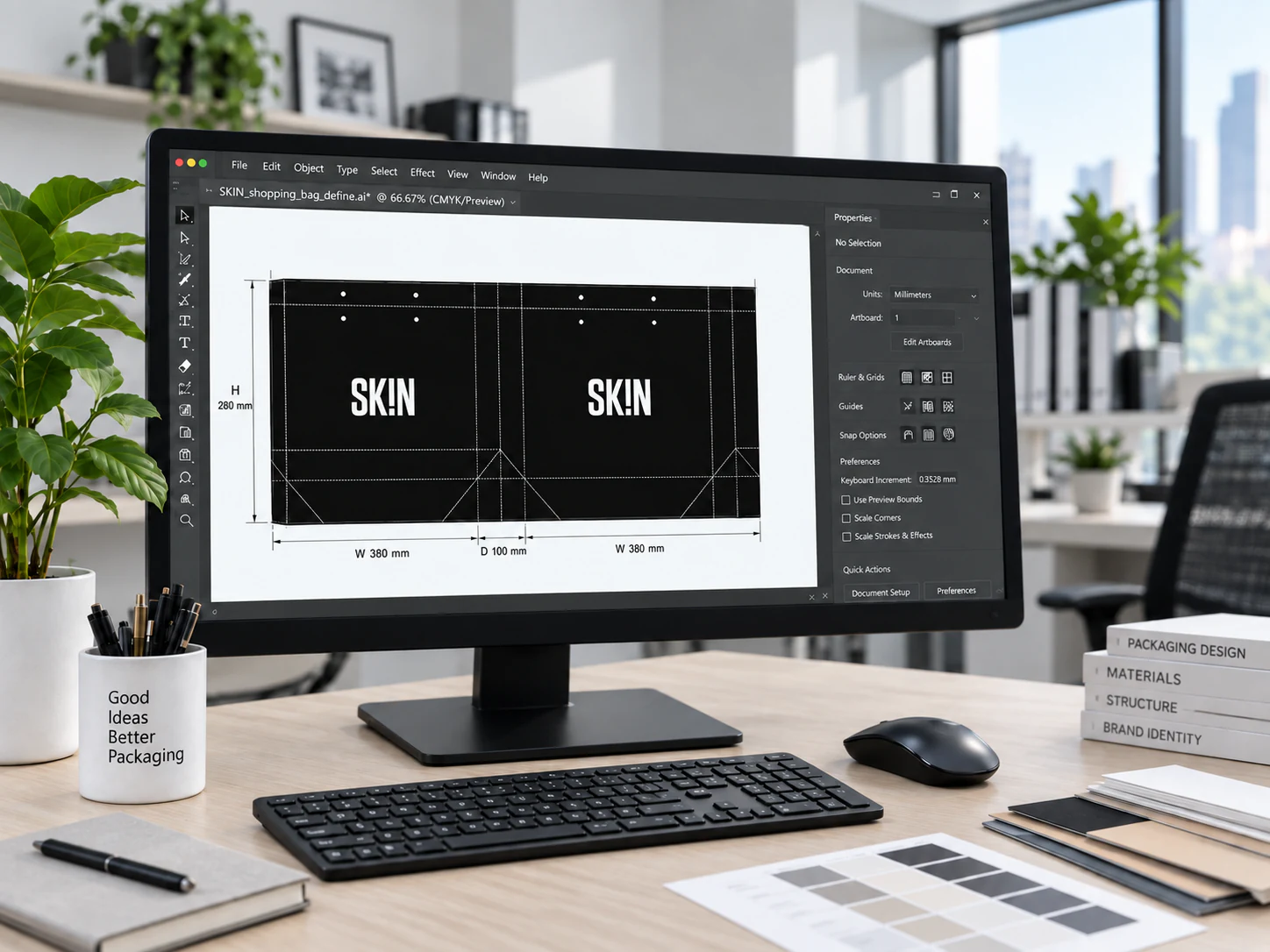 Paper bag dieline displayed on a packaging design workstation.