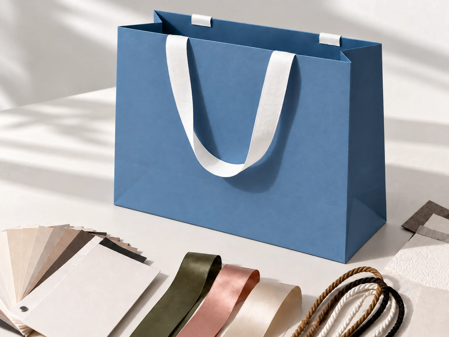 Blue paper bag shown with paper swatches, ribbon and cord handle options.