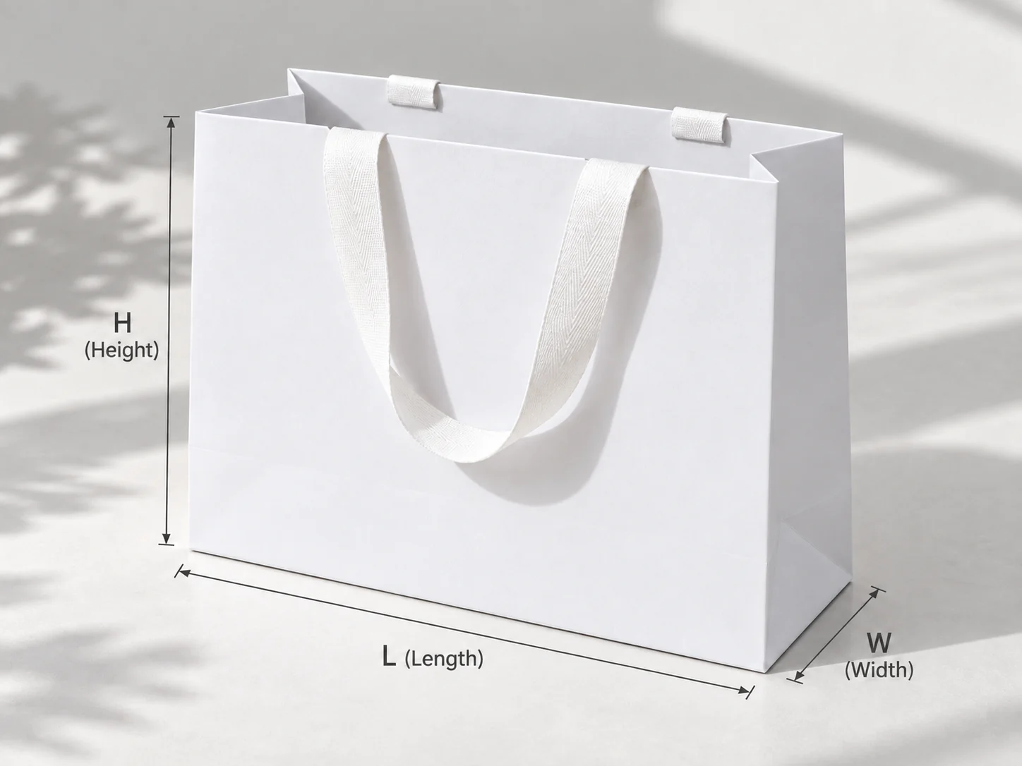 White paper bag diagram labelled L for front length, H for height and W for side width.