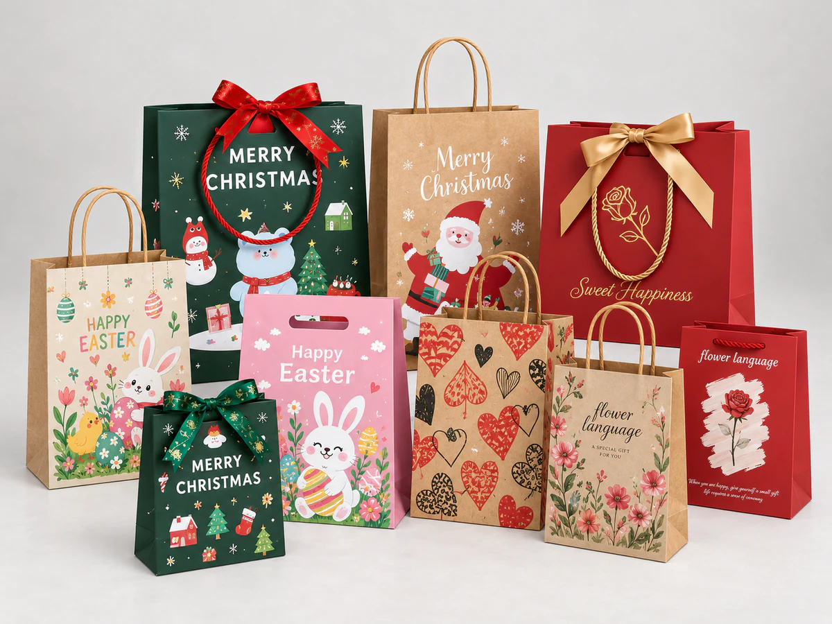 Christmas, Valentine and Easter paper bags with festive characters, hearts, flowers and ribbon details.